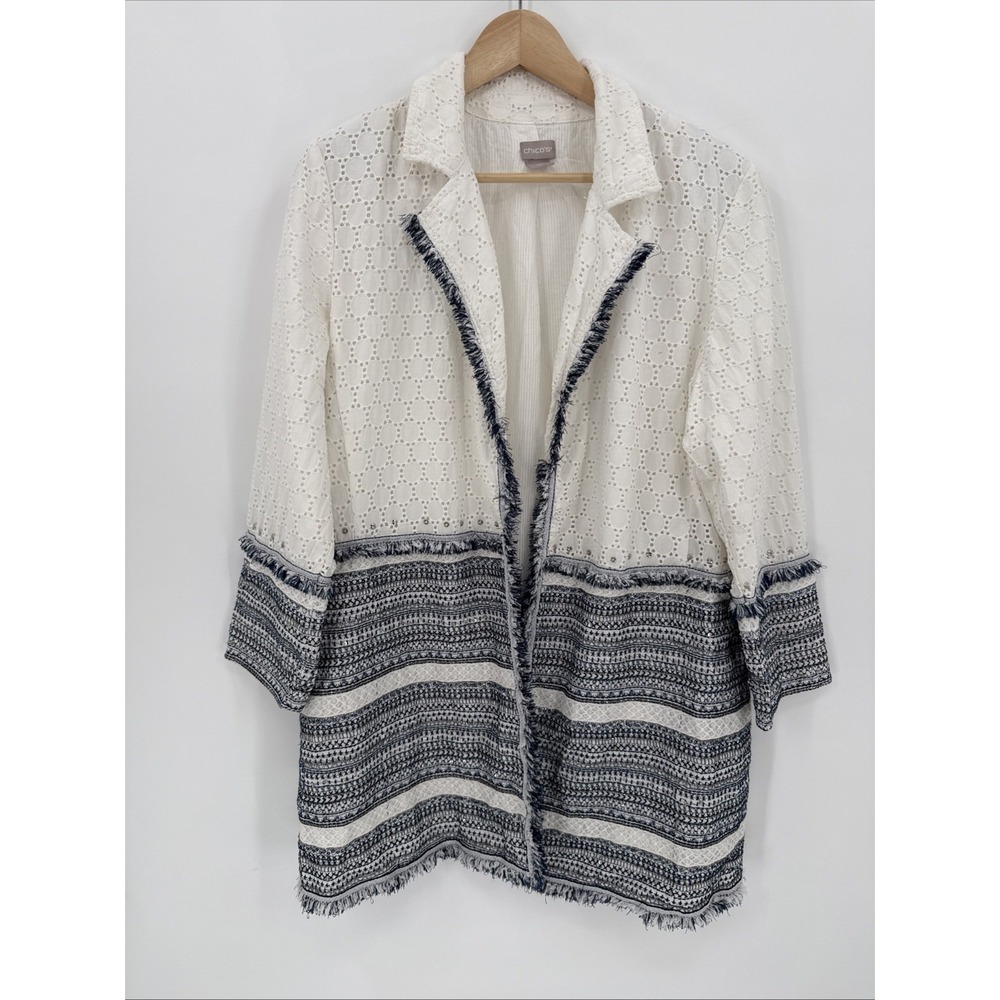 Chico's Womens Eyelet Beaded Open Front Topper Jacket Size 3/XL 3/4 Sleeve Artsy